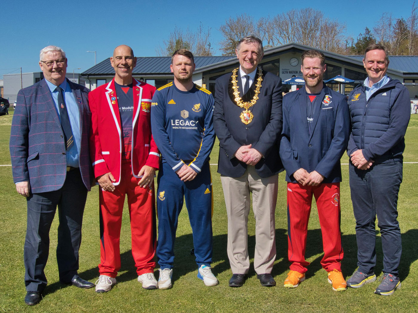 Picture shows (from left to right): Dr Martin Hanks City Director Bangor City Council, Gareth Edwards (Bangor Chairman), Johnny Parker (Northern Ireland Captain), Mayor Cllr Gareth Parry, Rob Marshall (Wales Captain), Peter McIlwaine (Northern Ireland Chairman).