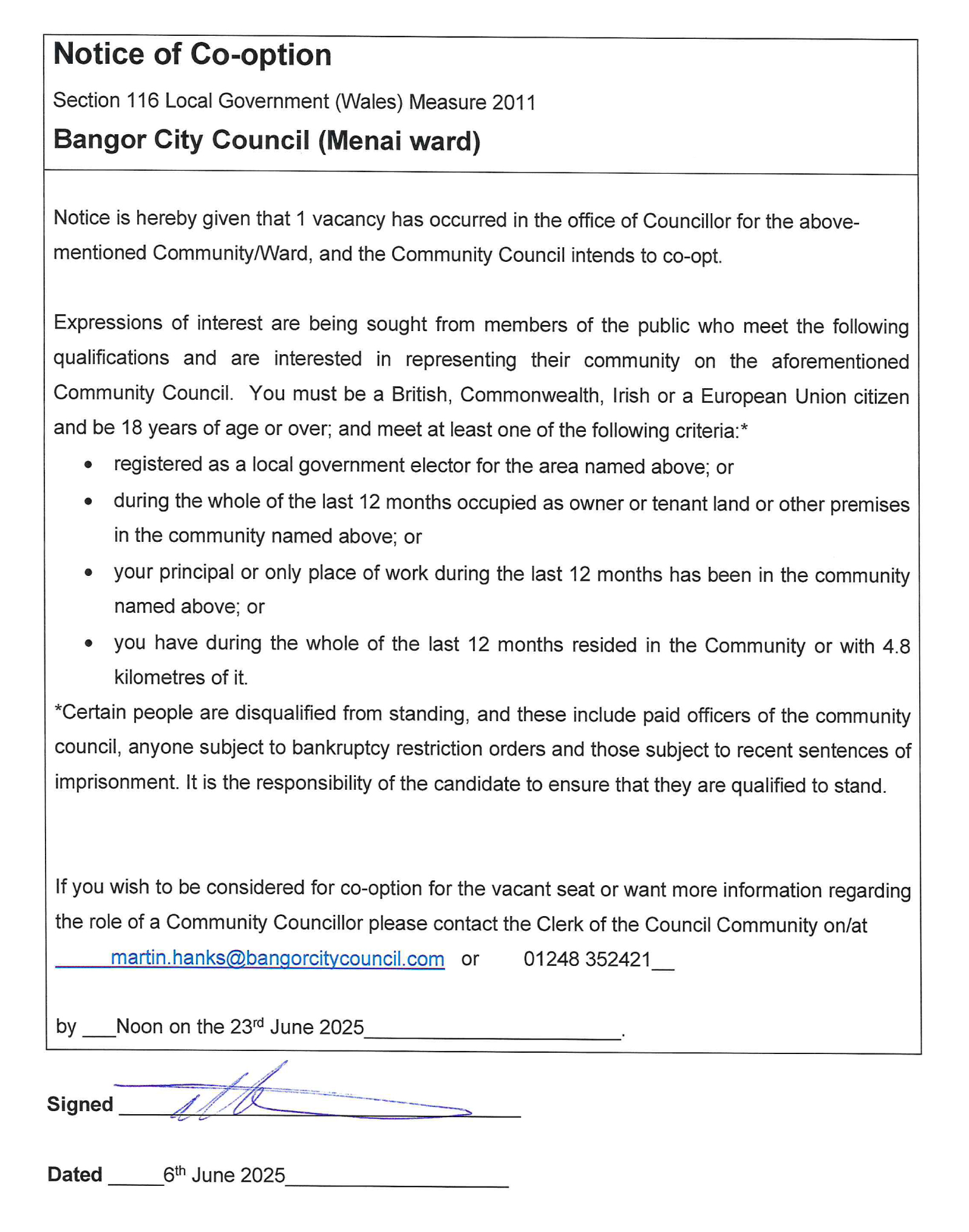 Notice of Co-Option Menai Ward