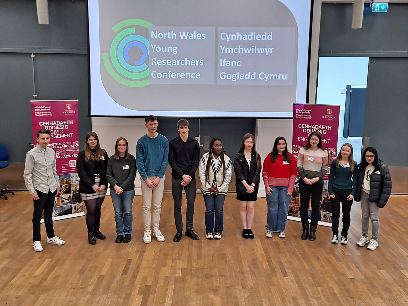 The eleven finalists of the North Wales Young Researchers Competition, at the Conference on Saturday the 9th March 2024